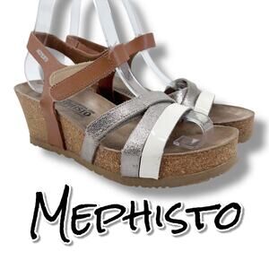 Mephisto Lesley Leather Cork Wedge Sandals Silver White Brown Womens EU 36